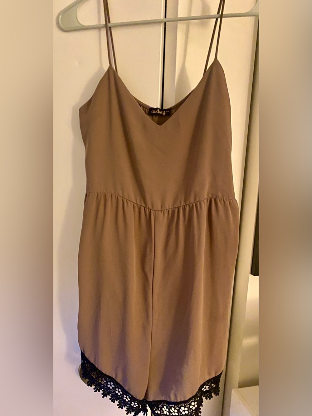 Audrey 3+1 Beige Spaghetti Strap Romper with Black Lace Trim
